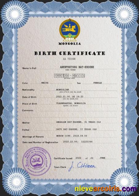 Mongolia birth certificate